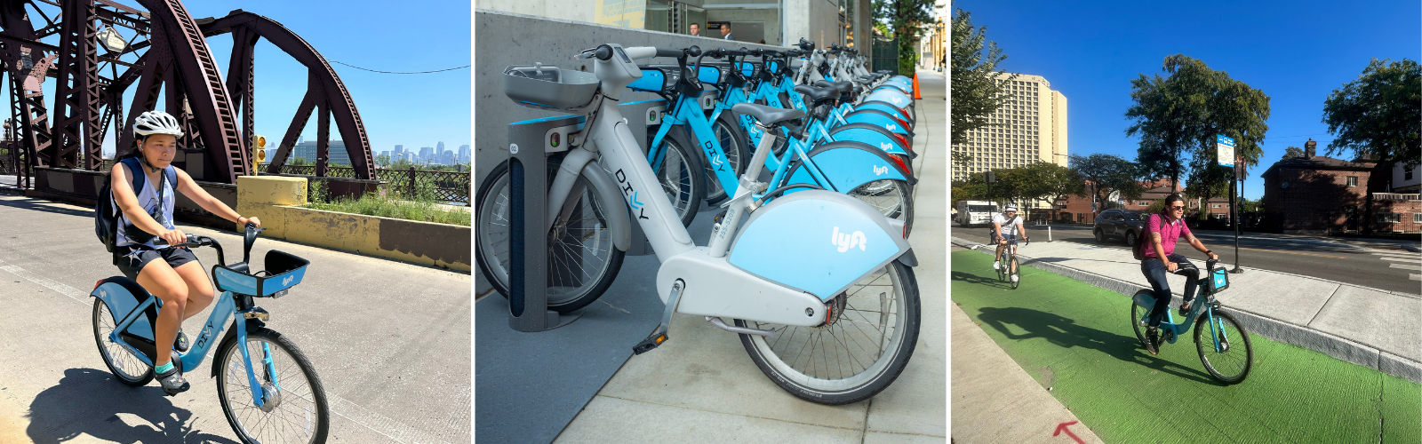 Three photos, two of people riding Divvy bikes and another of a Divvy station